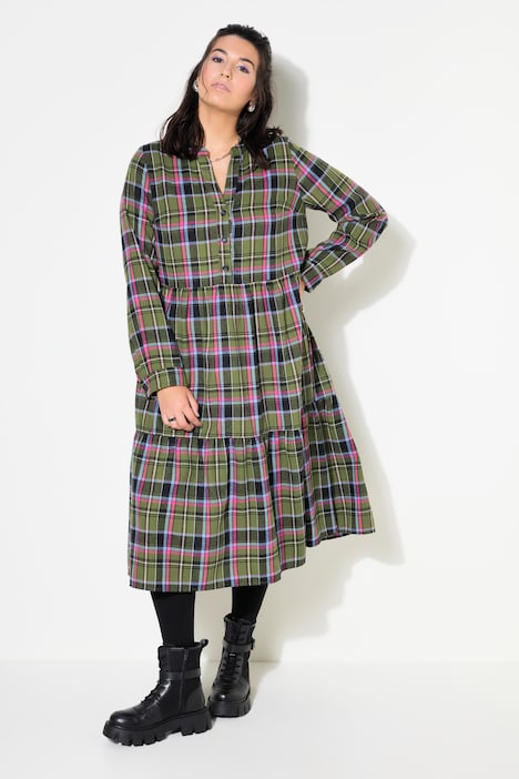 Midi-Flanellkleid, Karo, Tunika-Ausschnitt, Langarm