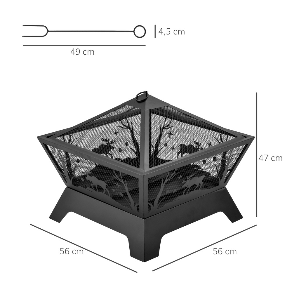 Brasero cheminée foyer extérieur dim. 56l x 56l x 47h cm tisonnier métal noir