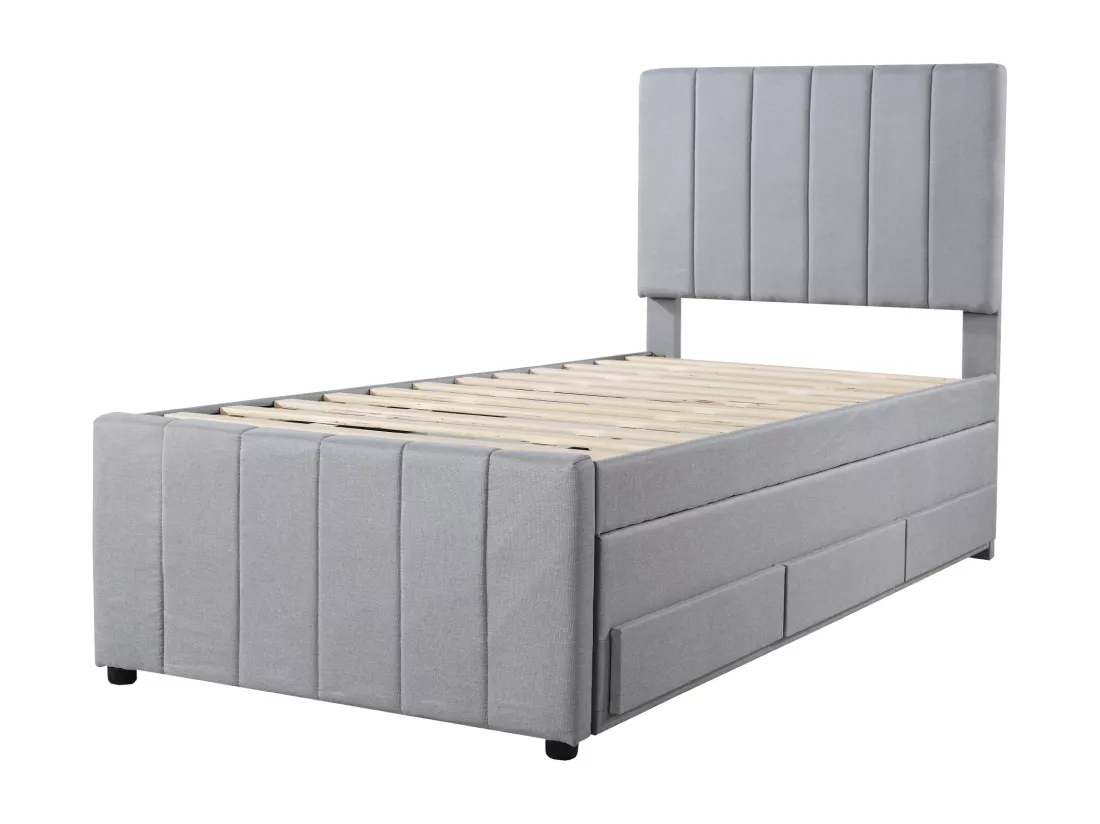 Lit gigogne 90 x 190/200 cm avec 3 tiroirs - tissu lin - sommier à lattes - gris