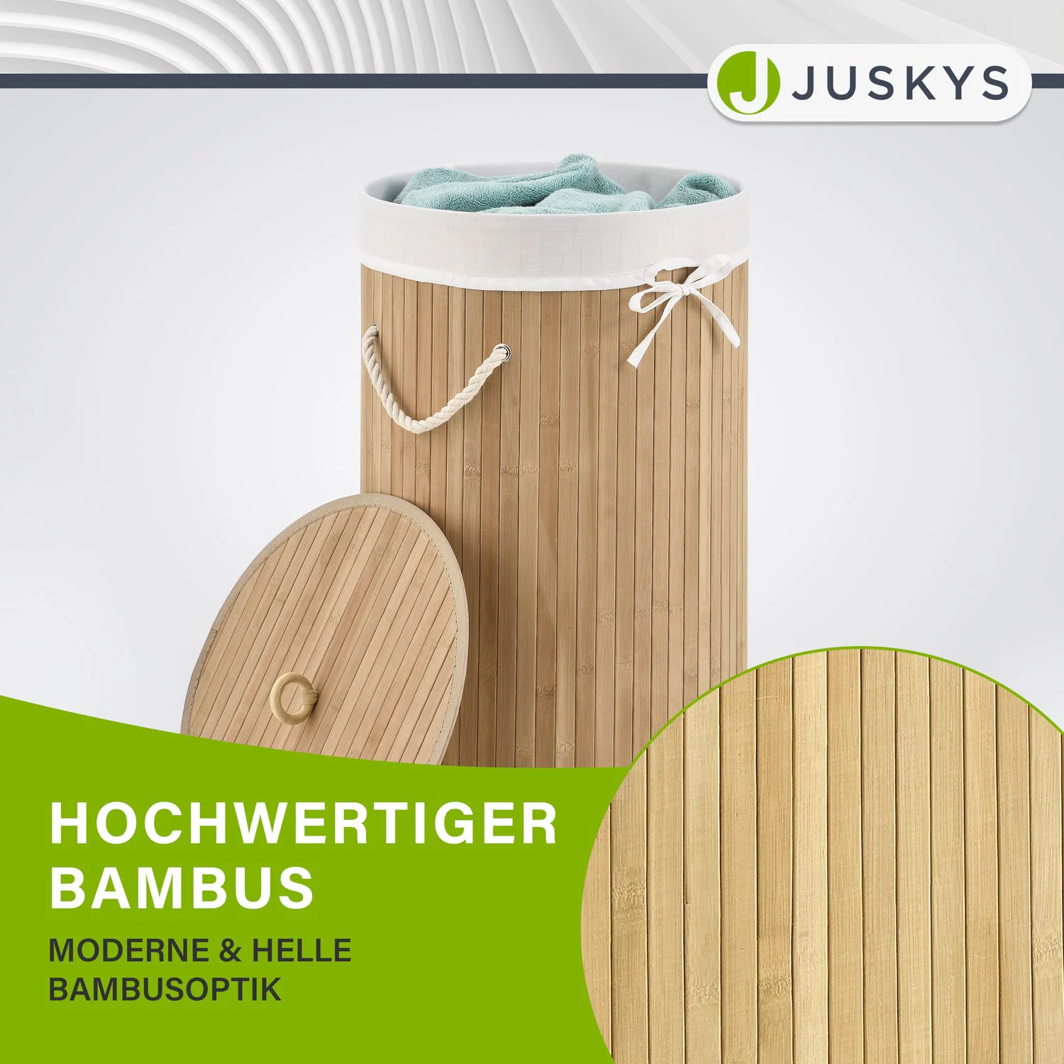 Juskys Bambus Wäschekorb Curly-Round 55 Liter Wäschesammler mit Deckel, Griff & Wäschesack – Natur
