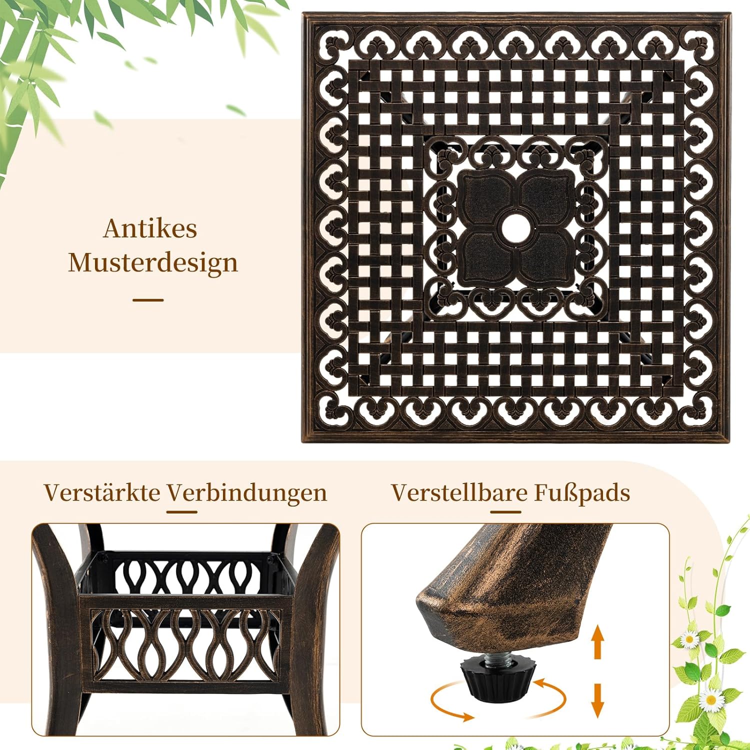 COSTWAY Gartentisch mit Schirmloch, 80x80x75cm, quadratischer Balkontisch aus Aluminiumguss, wetterfester Terrassentisch für 4 Personen, Outdoor-Esstisch für Garten