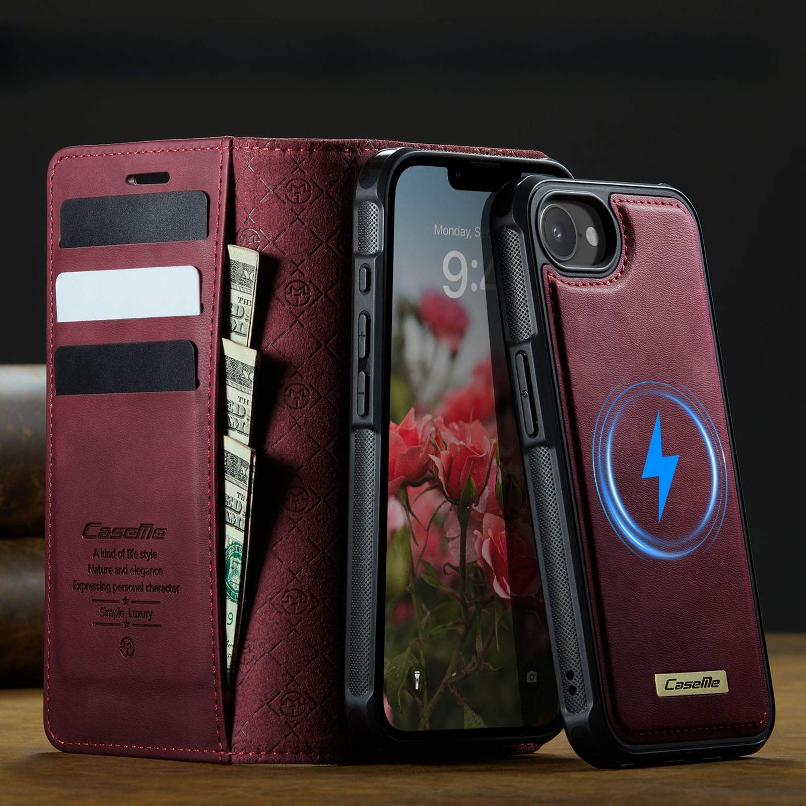 iPhone 16e 2in1 MagSafe Leder Tasche   Magnet Hardcase Karten Etui (RFID Schutz) - Rot