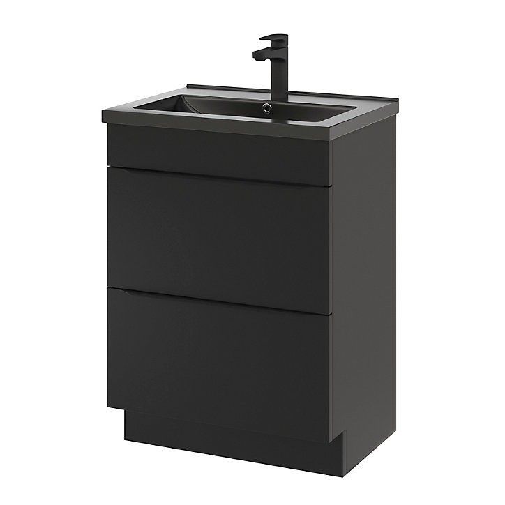 Ensemble salle de bains l.60 cm meuble à poser Imandra noir mat + plan vasque céramique noir
