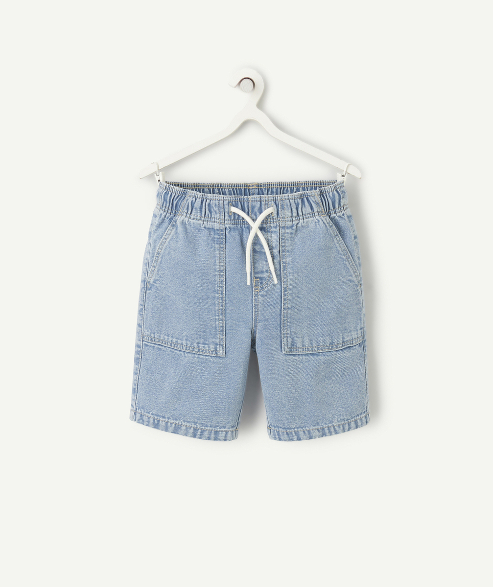 bermuda droit garçon en denim bleu low impact avec cordons et poches