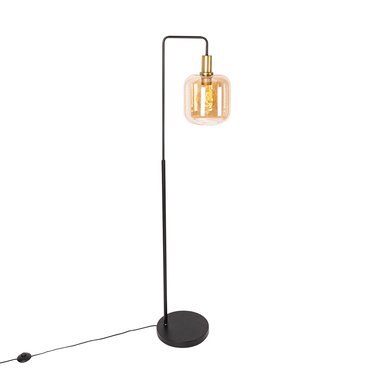Smart vloerlamp zwart met messing en amber glas incl. Wifi G95 - Zuzanna
