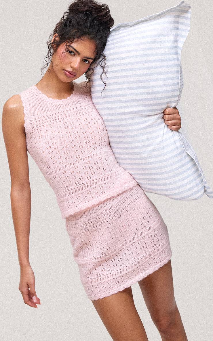 Rose Mini-jupe En Maille Pointelle Brossée
