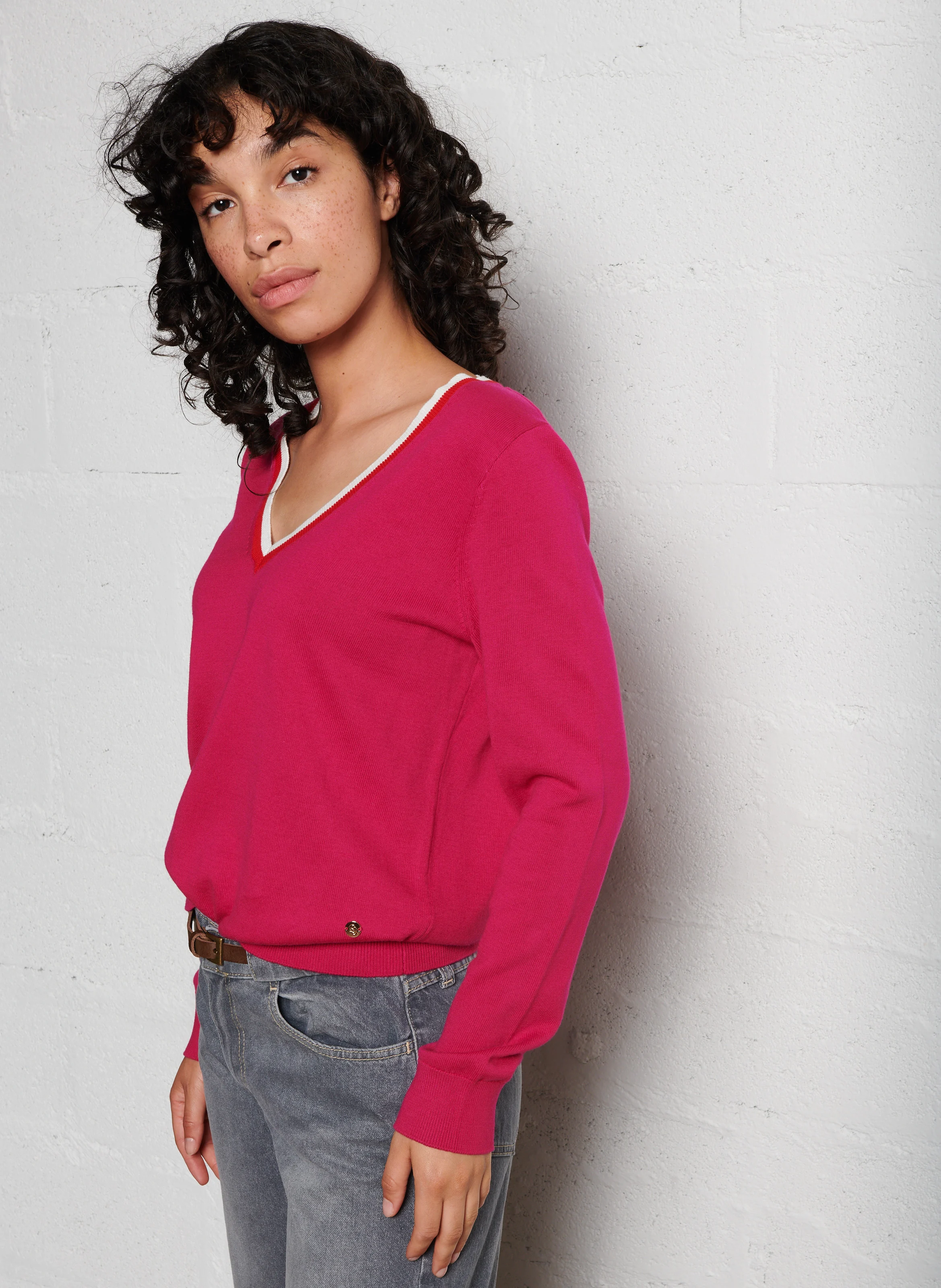 MANON - Pull col V droite en coton | Rose