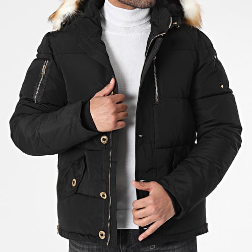 Doudoune Capuche Fourrure Noir Doré