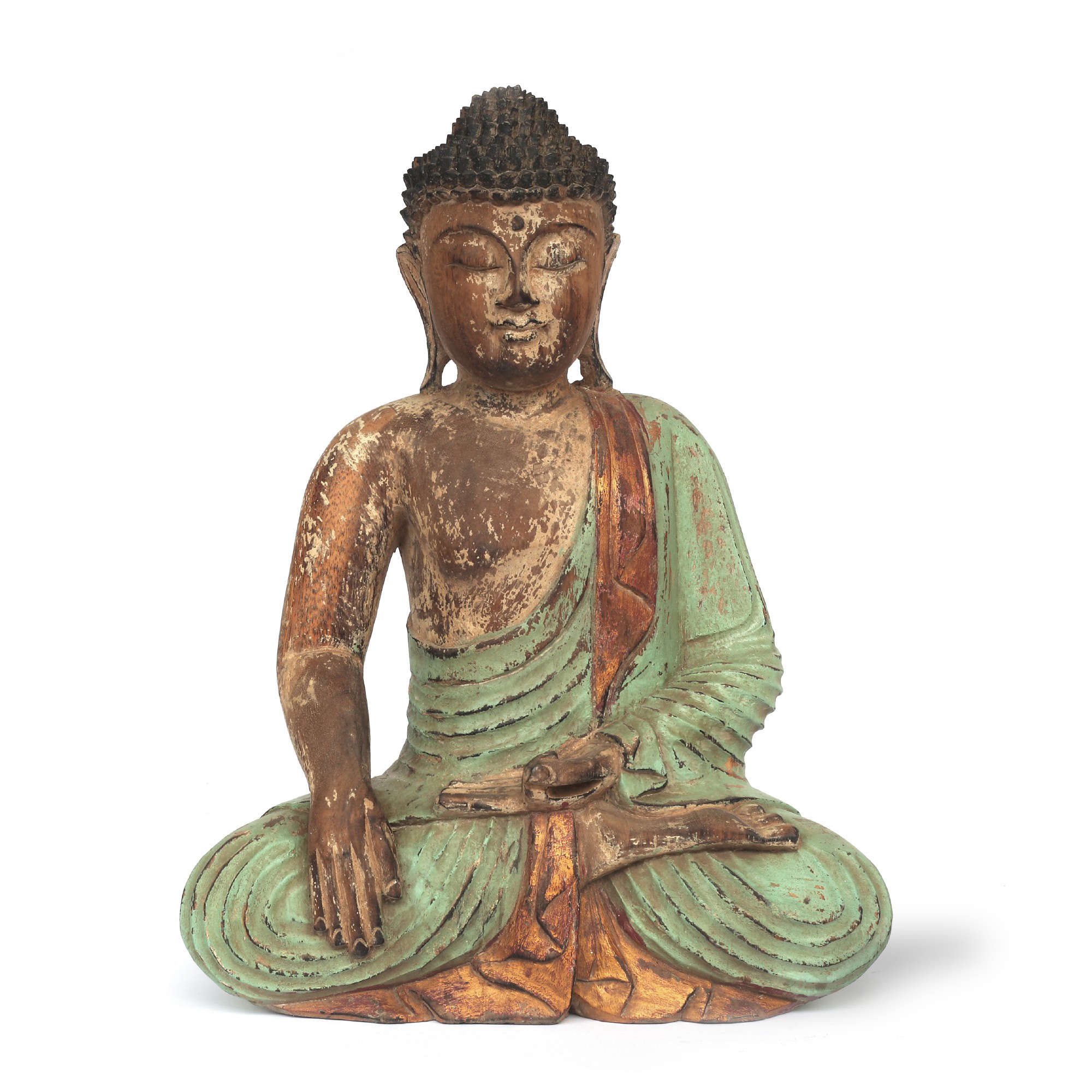 Holz-Skulptur 'Buddha sitzend', grün, gold, B 42 cm, H 52 cm, T 17 cm von fischer's lagerhaus