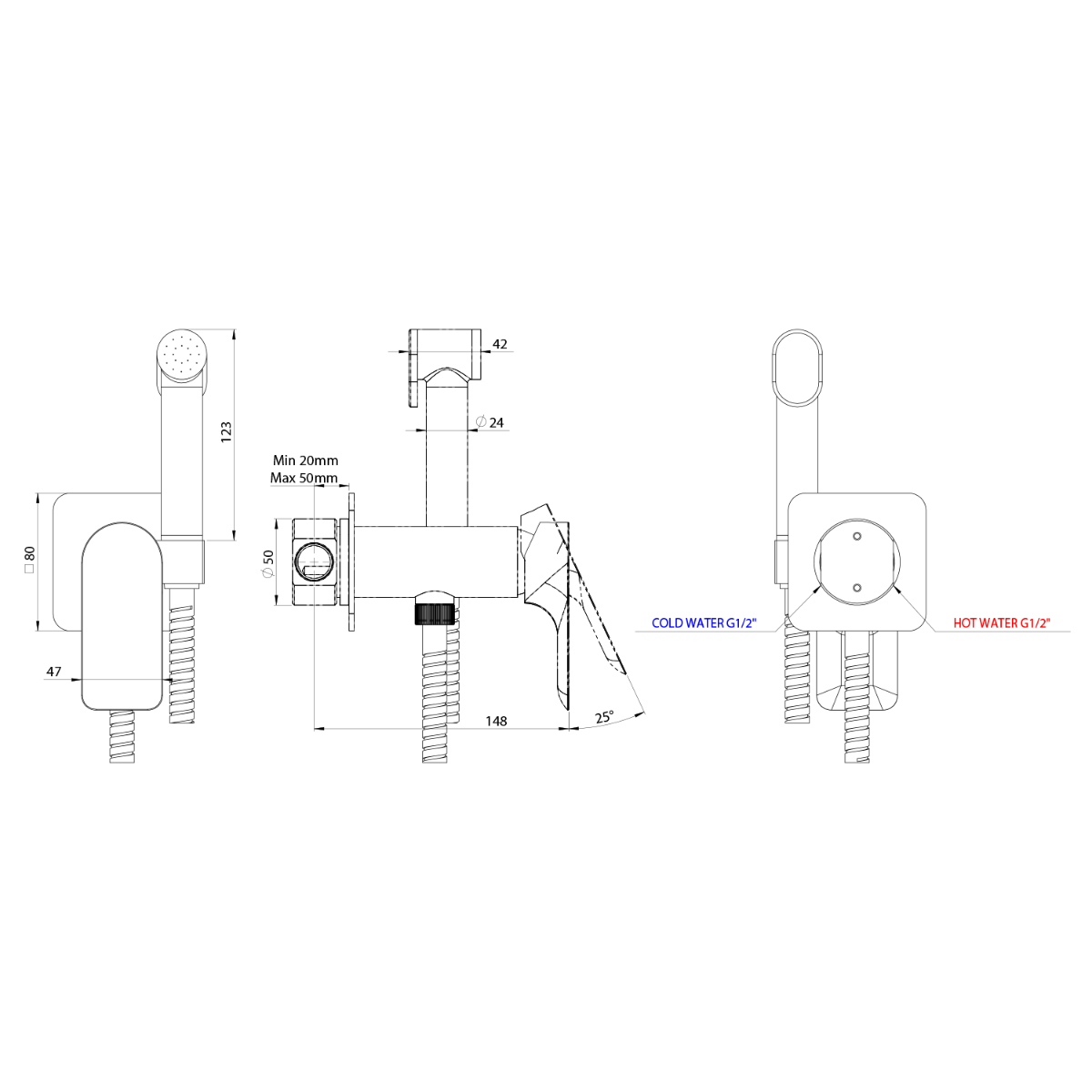 Sapho Pax wandbidet mengkraan met handdouche mat wit