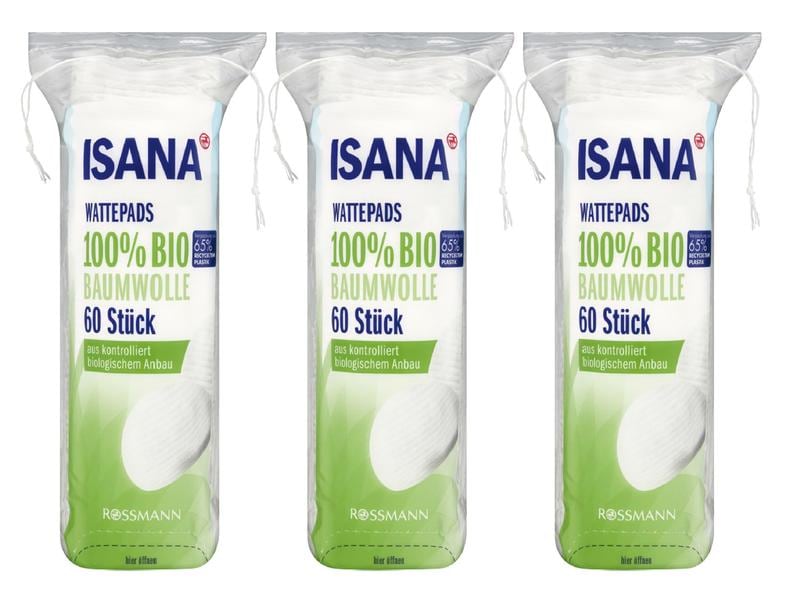 Isana Wattepads 3 x 60 Stück Wattepads aus 100% Bio-Baumwolle aus kontrolliertem Anbau