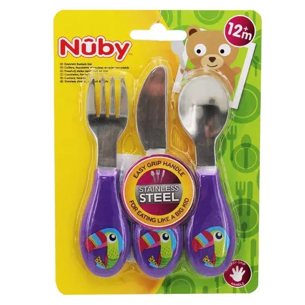 Conjunto de talheres Nuby de 3 peças em aço inoxidável +12m