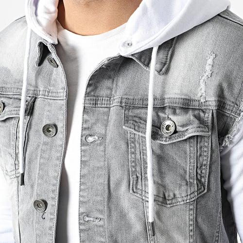 Veste Jean A Capuche 2261 Gris Denim Blanc