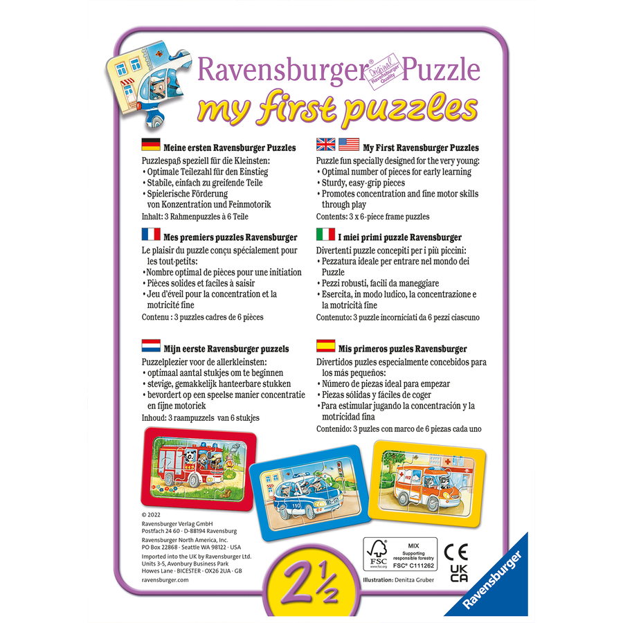 Ravensburger My first Puzzle - Rahmenpuzzle Tiere im Einsatz, 3x6 Teile