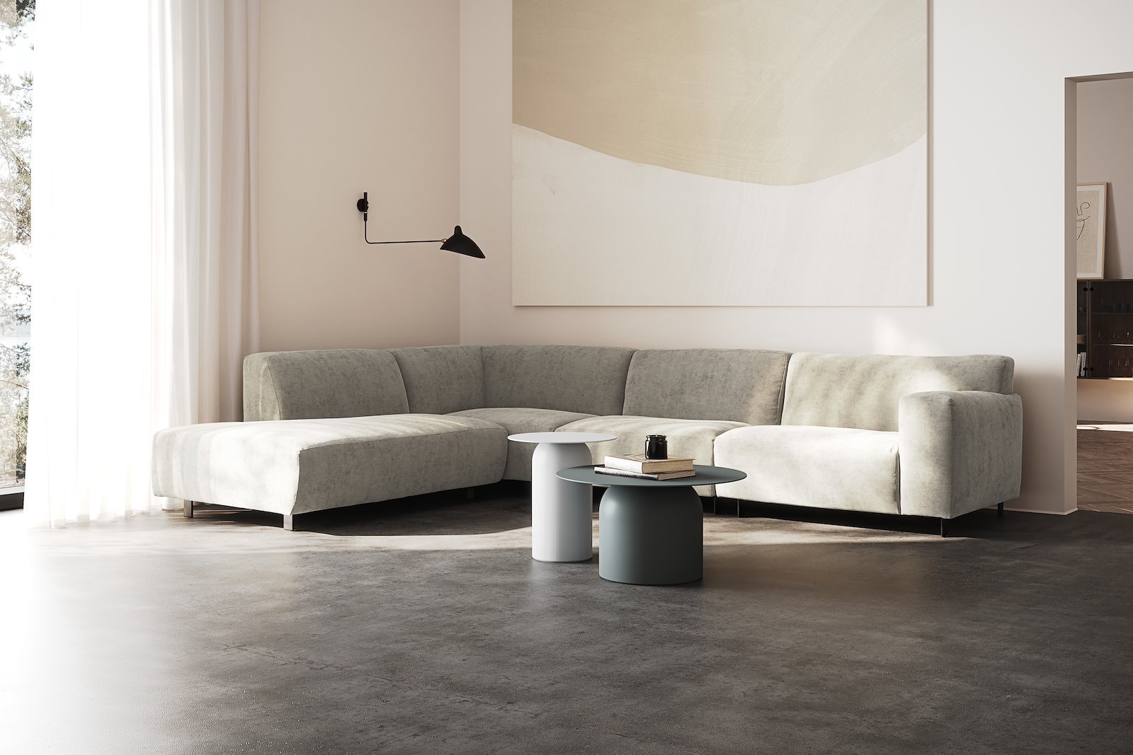 Vesta hjørnesofa 3-seter med åpen ende venstre, Big hjørnemodul, Tekstil Eros Stone, standardsøm, sort metallben 10 cm, Comfort CM