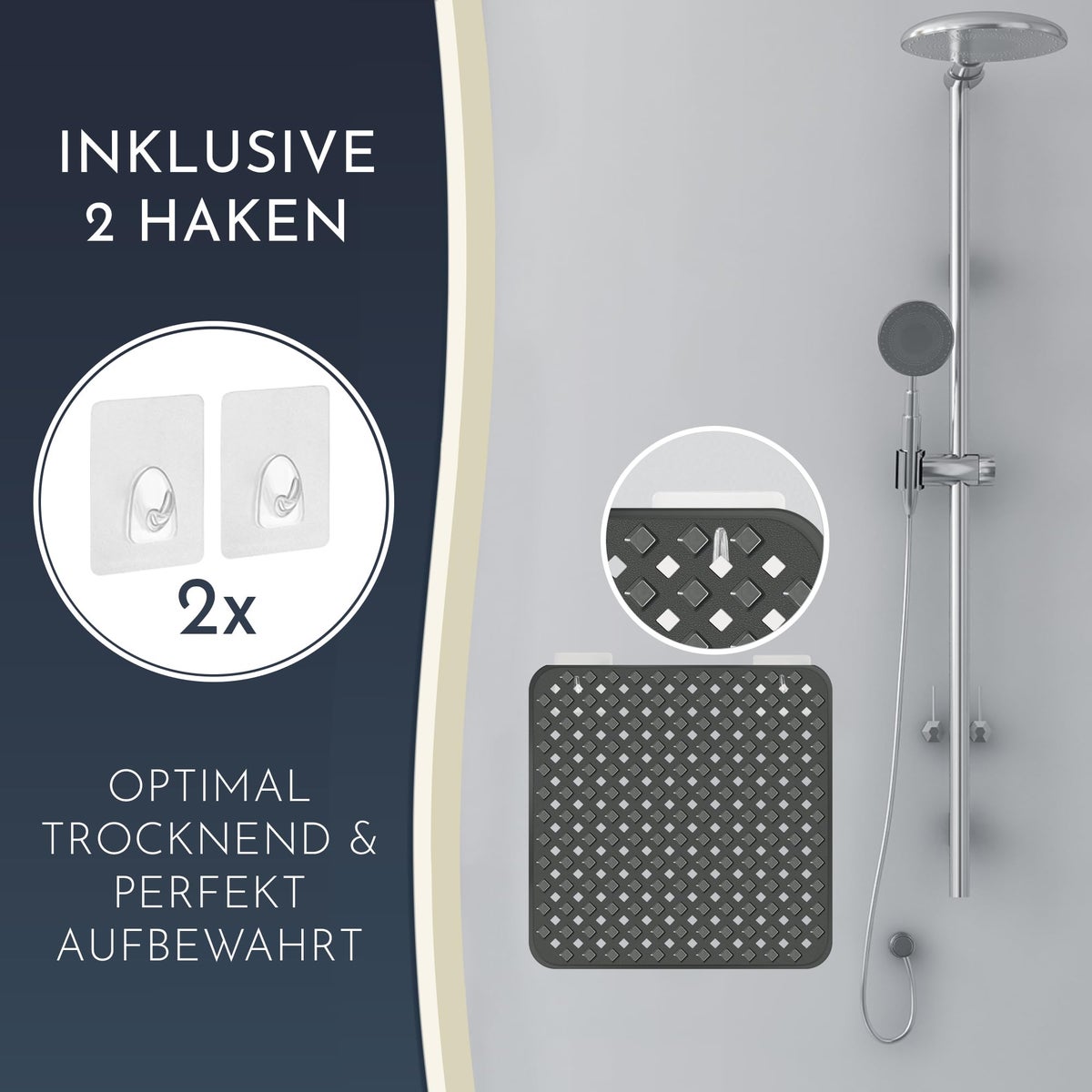 Homerella Huidvriendelijke Douchemat 53x53 cm, INCL. OPHANGSTANG | Antislip Douchemat, BPA-vrij, Latexvrij | Antislip Douchemat, Schimmelwerend & Machinewasbaar | Antislip Douchemat
