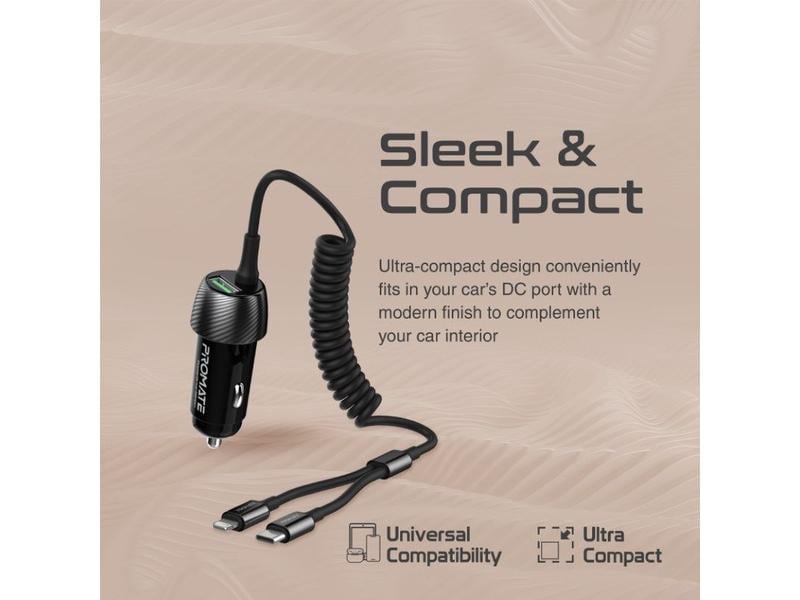 Promate Autoladegerät PowerDrive-33PDCI QC3.0, Car Charger Schnelllade-Adapter mit USB-C und Lightning Spiralkabel