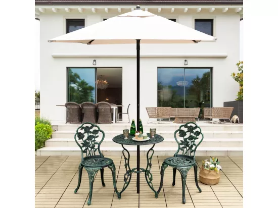 Salon de Jardin 3Pcs en Fonte Aluminium, Ensemble 2 Chaises et 1 Table Ronde Style Antique avec Motif Rose Chaise Charge 150 kg (Vert)