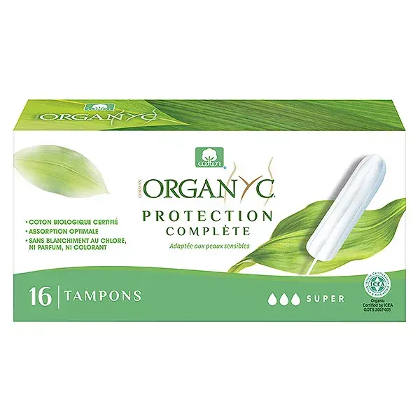 Absorventes internos de algodão orgânico Organyc Super Flow sem aplicador, pacote com 16 unidades