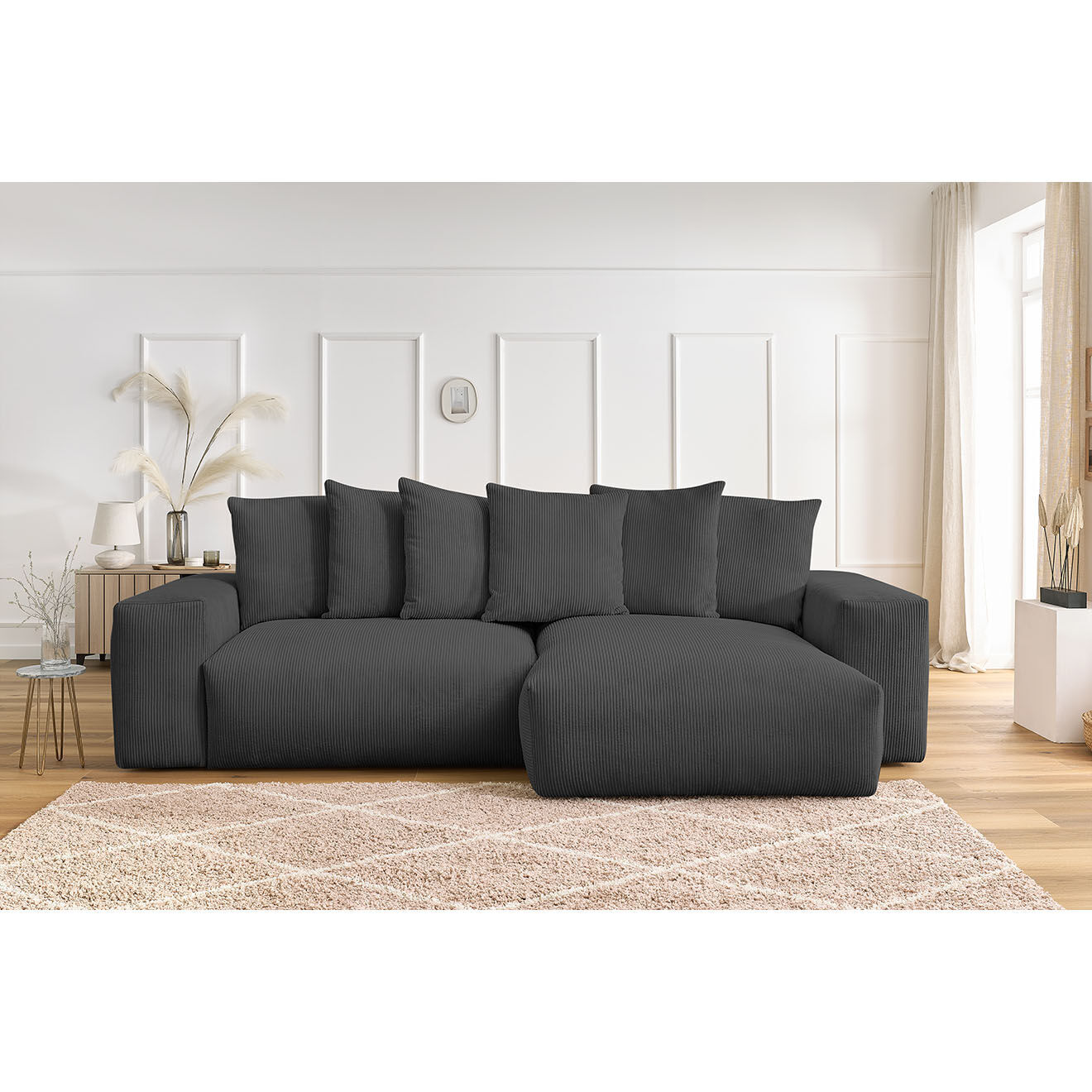 Bobochic Canapé d'angle réversible ultra moelleux voltaire velours côtelé gris foncé - 310x174x75 cm