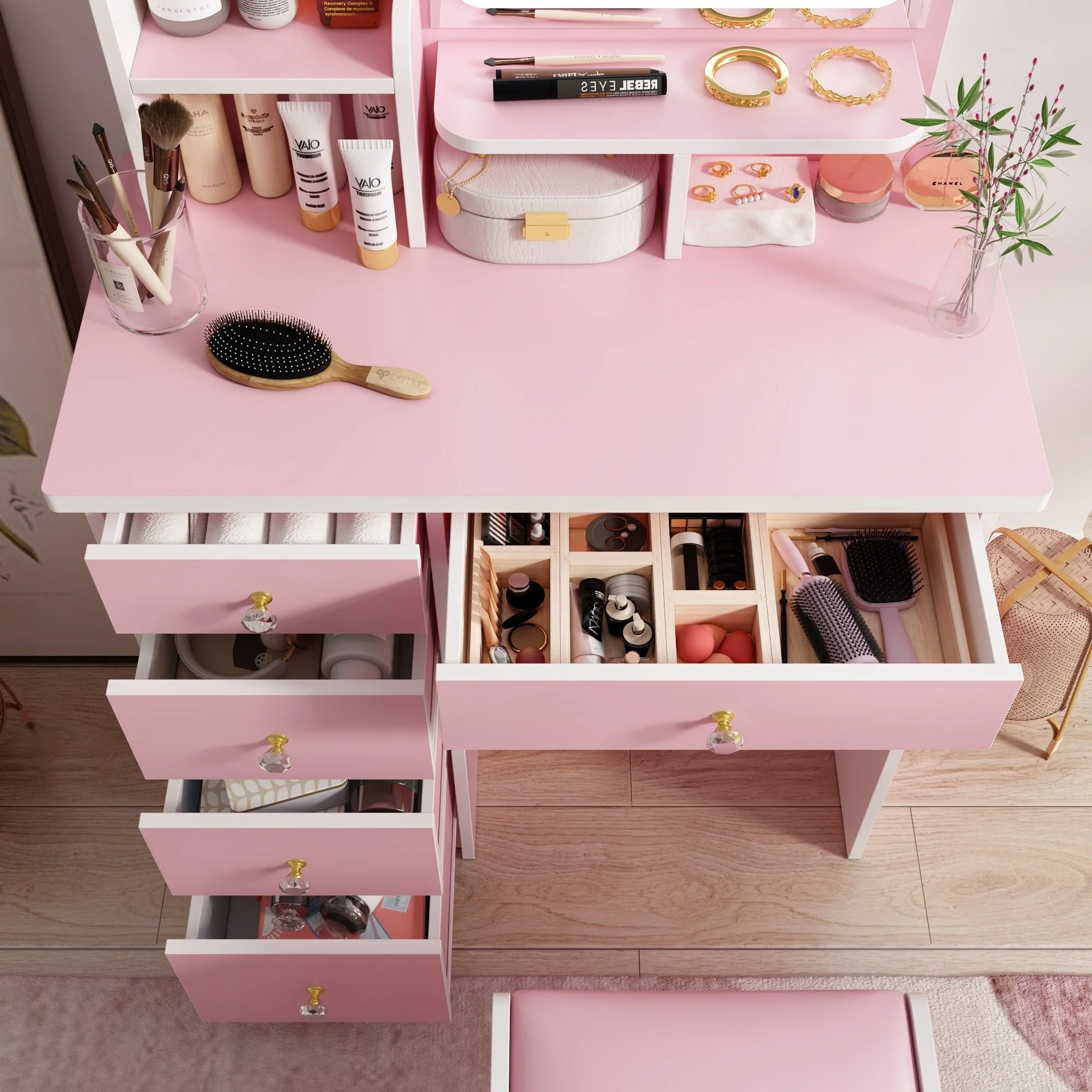 Makeup Vanity Set Table With LED Light &Mirror & Stool