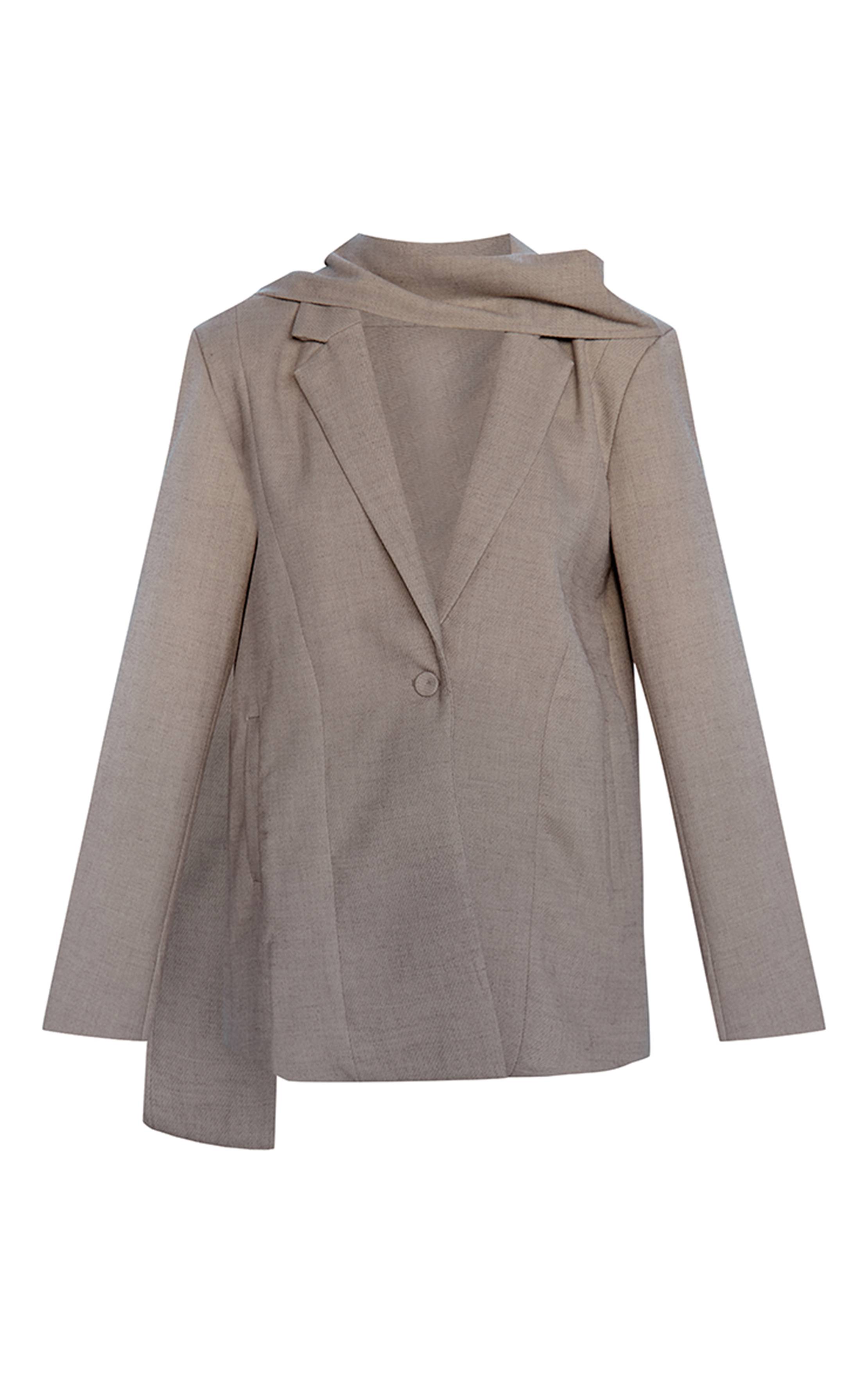 Gris Pierre Blazer Oversize Coordonné Avec Détail Foulard Drapé Tissé