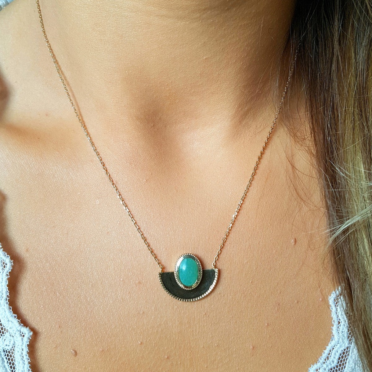 Collier Fin Plaqué Or Pendentif Pierre Precieuse Aventurine