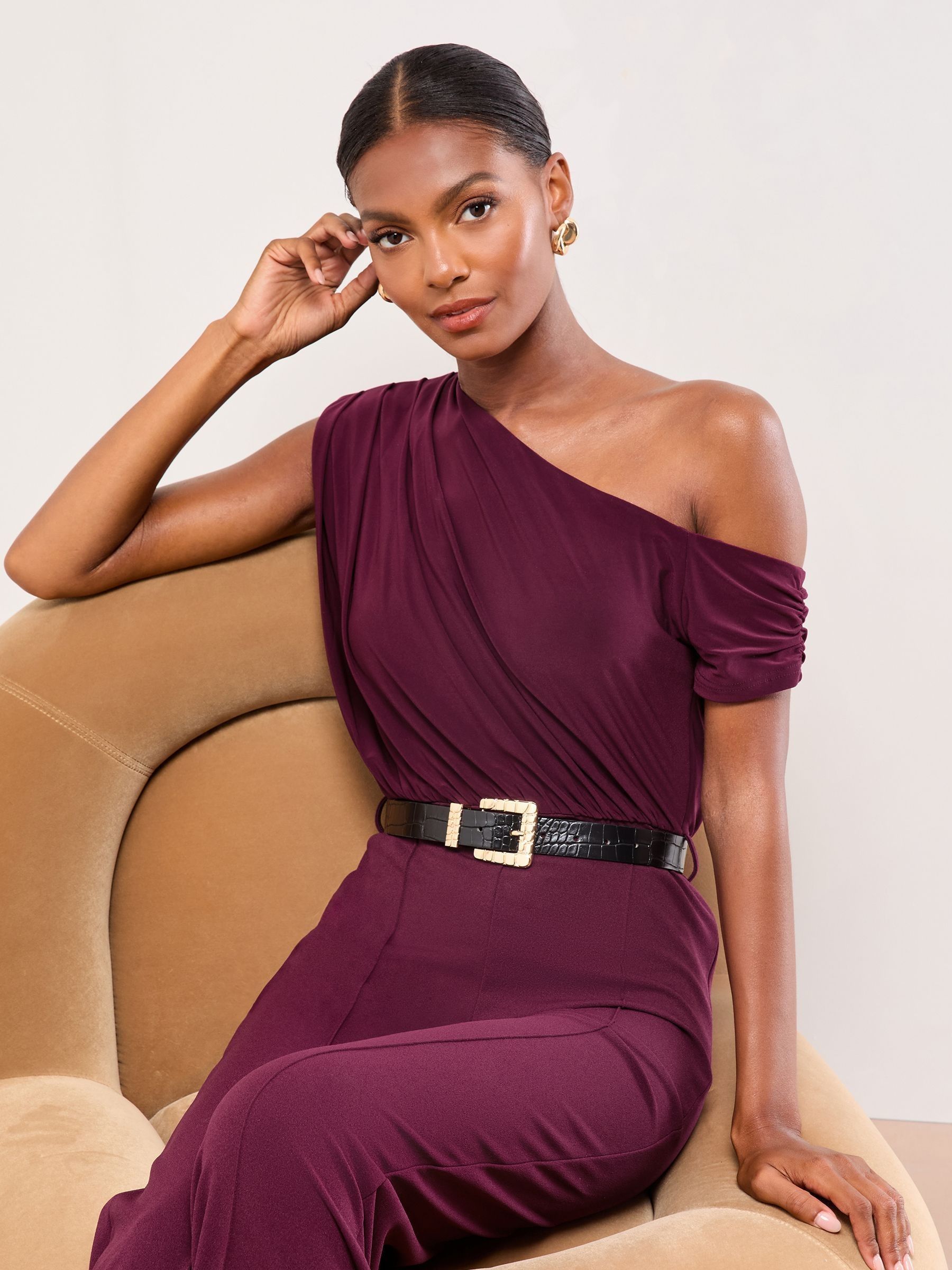 Bessenrood - Lipsy Off The Shoulder Jersey Woven Hybrid Mix Wide Leg Jumpsuit With Croc PU Belt