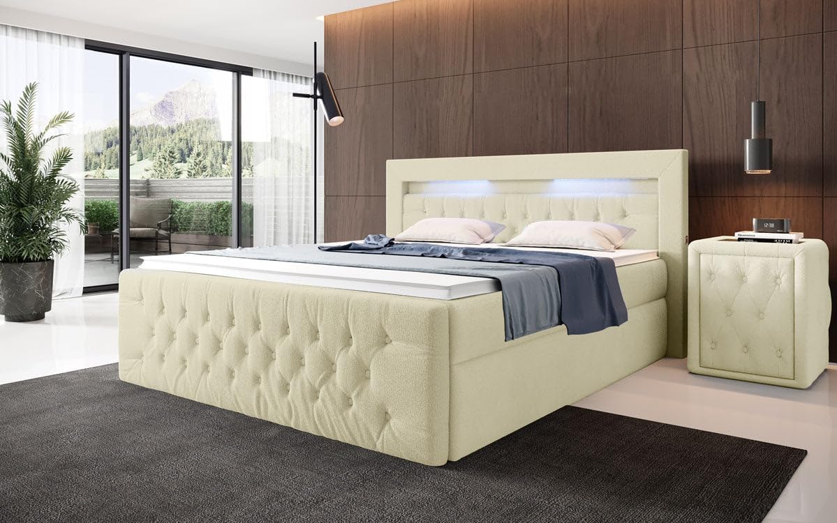 Luxusbetten24 Boxspringbett Menzogna Bouclé 160x200 mit LED-Beleuchtung und Stauraum | Bezug: Bouclé | Farbe: Beige | Härtegrad: H2 (bis 70kg)