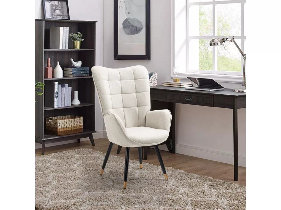 MEUBLES COSY Fauteuil Scandinave Confortable Chaise de Coiffeuse Canapé de Loisirs pour Salon Chambre Salle à Manger Bureau avec Assise Épais Accoudoirs Rembourés en Tissu Pieds Métal, Beige