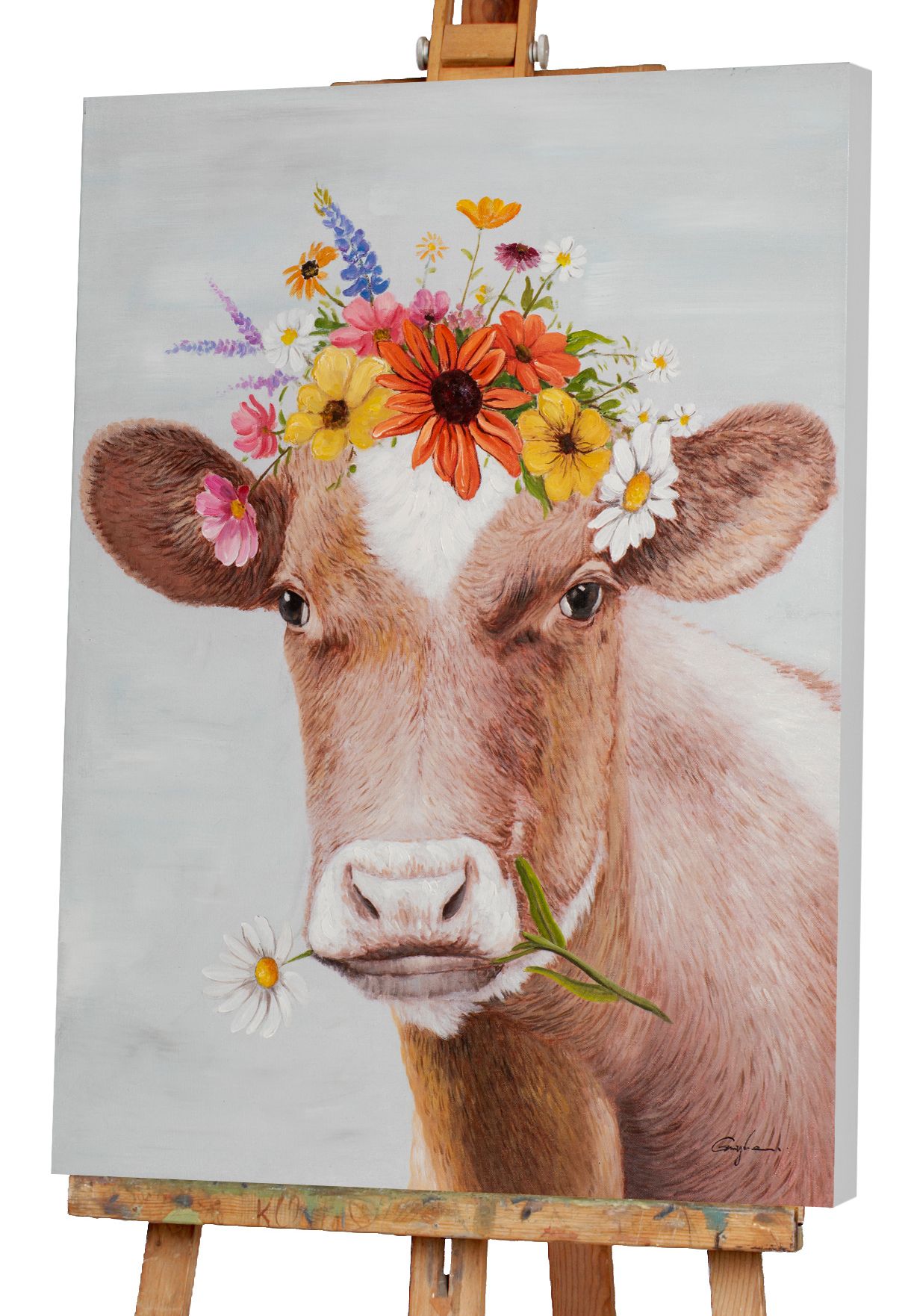 Keilrahmenbild KUH BLUMENKRANZ