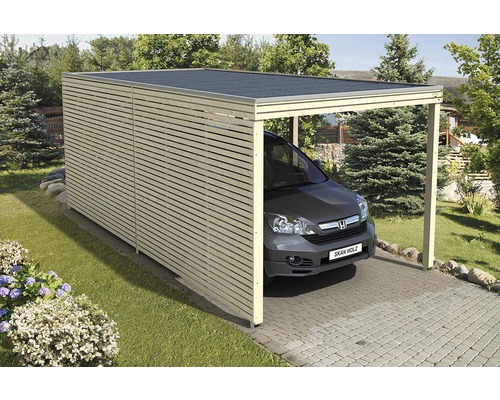 SKAN HOLZ enkele carport, kubusvorm met zij- en achterwanden, 294x574 cm, natuurlijke afwerking