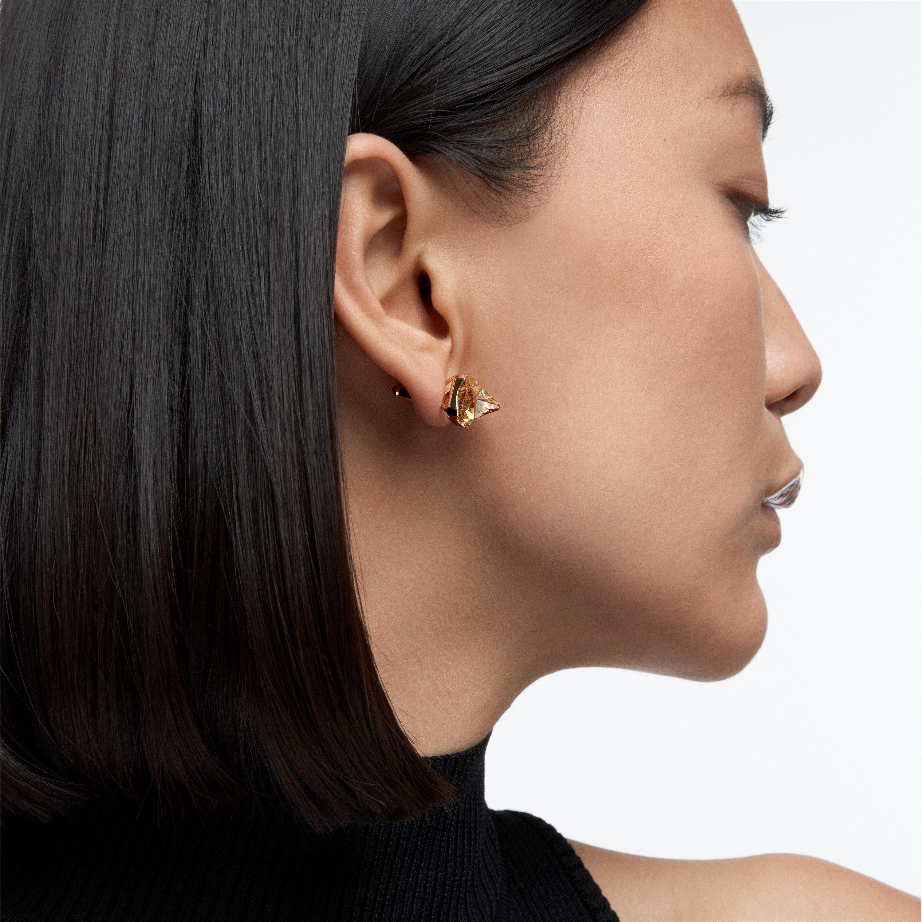 Swarovski Matrix stud earrings, Pyramid cut, Yellow, Gold tone plated