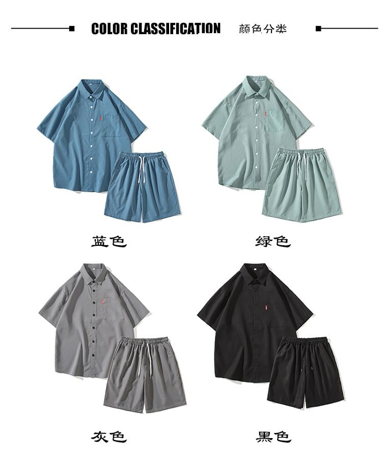 Blueforce - Set: Kortmouw overhemd met kraag en effen kleur + Shorts met trekkoord in de taille