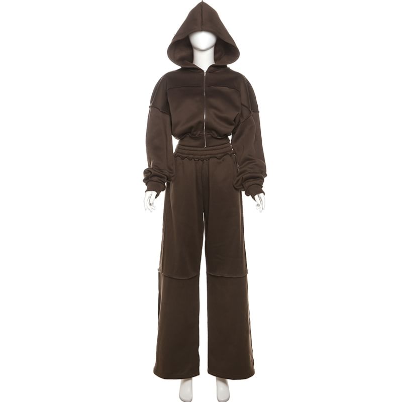 Emilyn - Set: effen paneel hoodie met rits + elastische taille wijde pijpen joggingbroek