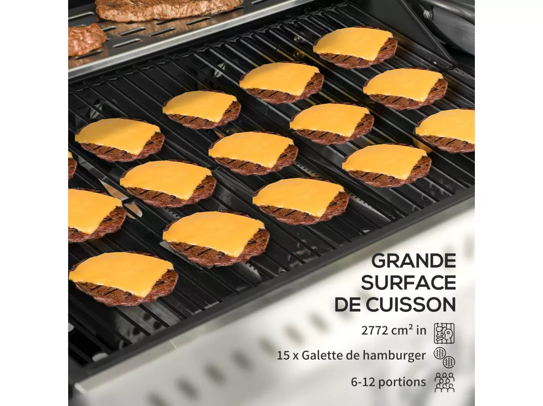 Barbecue à gaz 4+1 - 12,5 kW - 2 roues, étagères, thermomètre, décapsuleur, crochets - acier inox noir