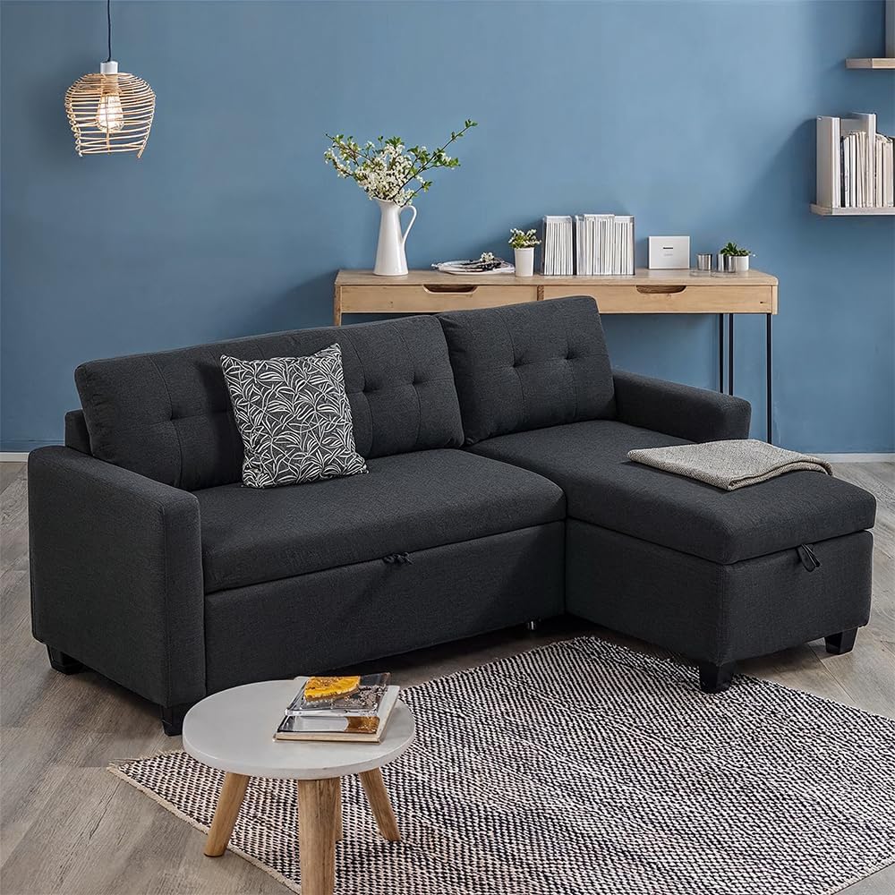 Ecksofa Campina, Schlafsofa mit Bettkasten, Anthrazit, 226 x 86 cm L-Form