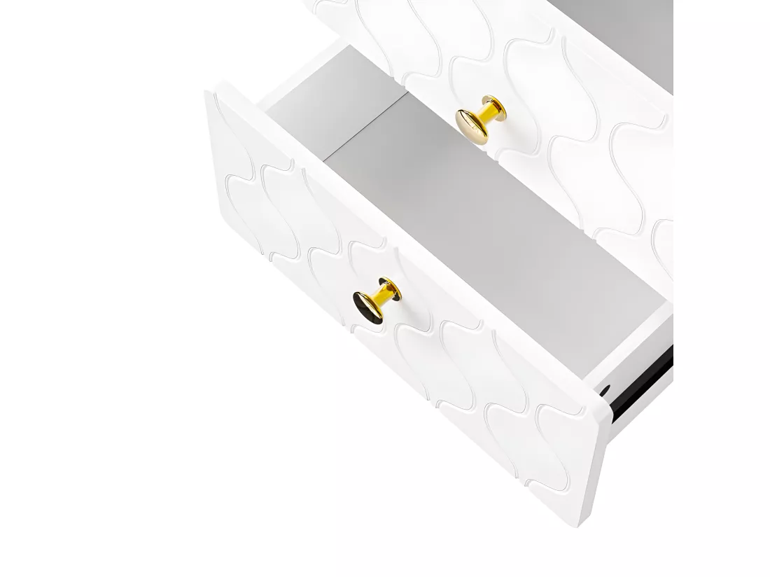 Lot de 2 Tables de chevet à motif ondulé - avec poignées dorées et 2 tiroirs - façades laquées - Blanc