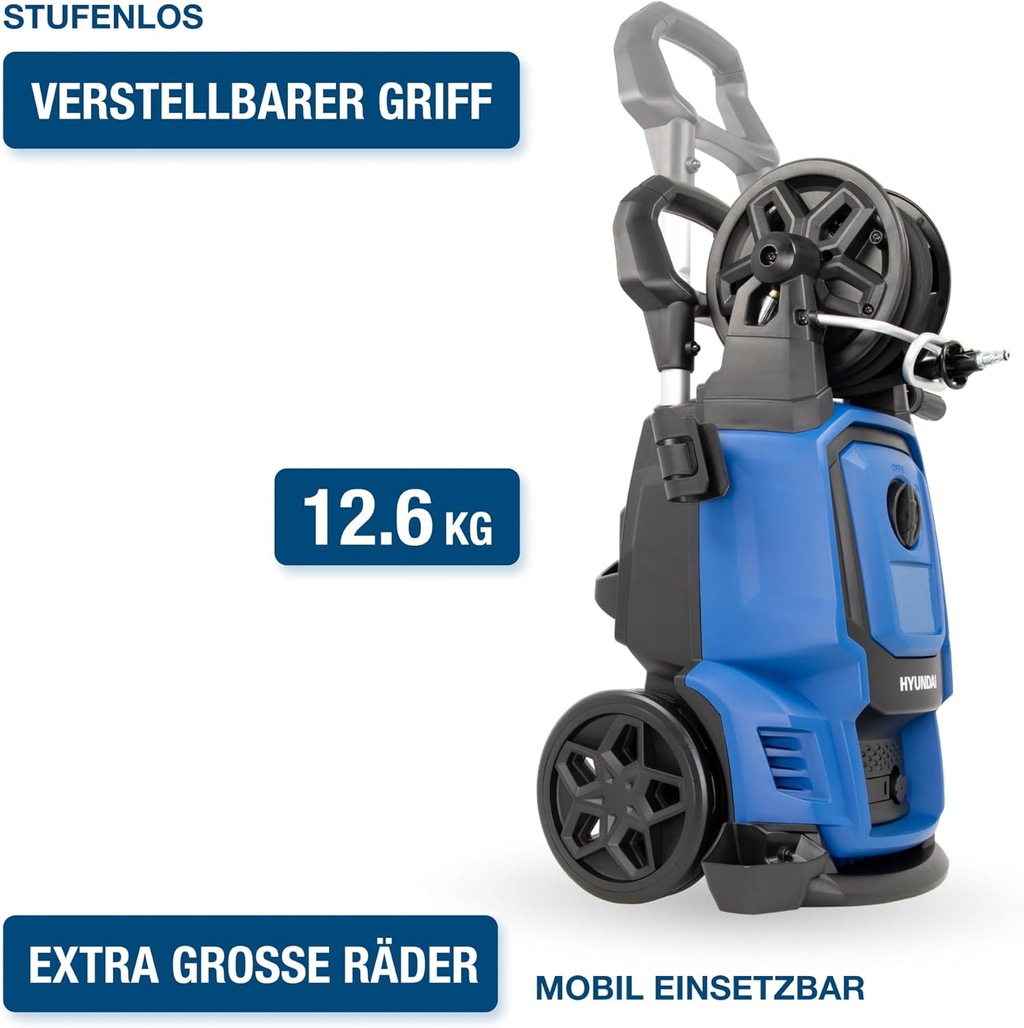 HYUNDAI Hochdruckreiniger HPW2000CE, max. 160 bar - 450 l/h, 2000 W, verdreh-sicherer 10m Schlauch, Edelstahl-Lanze mit Verstellbarer Düse, rotierende Turbodüse, Seifenflasche
