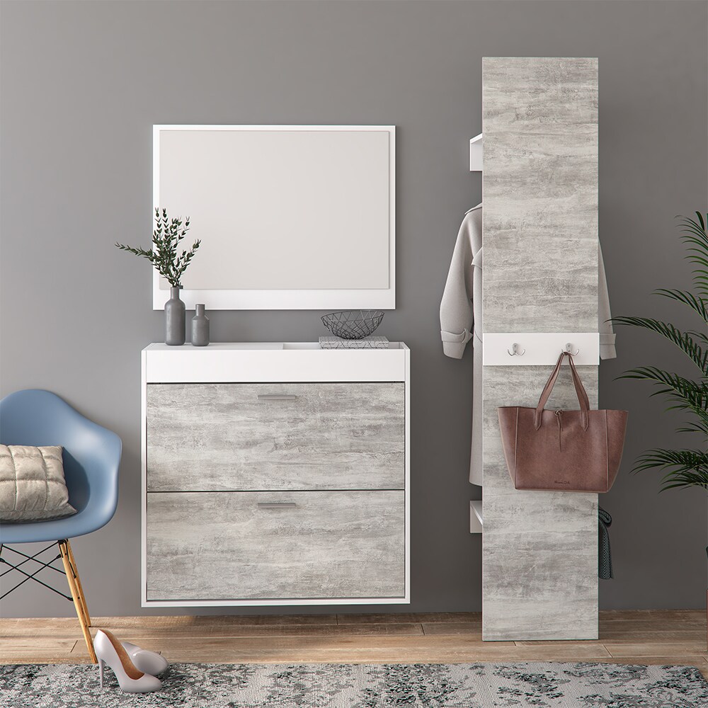 Vicco Flurgarderobe San Remo Garderoben Set Spiegel Schuhschrank Wandpaneel Flur Weiß Beton