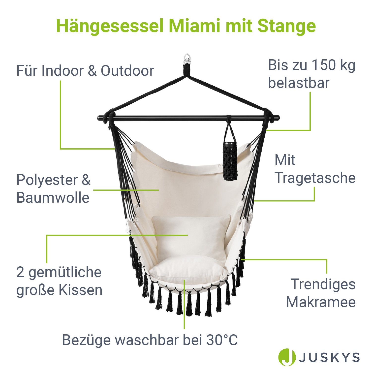 Juskys Hängesessel Miami mit Kissen, Stange & Tasche - Makramee Hängeschaukel bis 150 kg - Beige