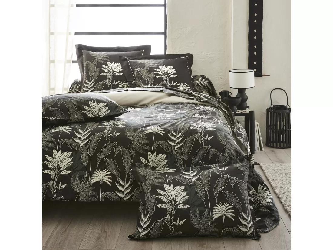 Taie de traversin en satin aux feuilles tropicales