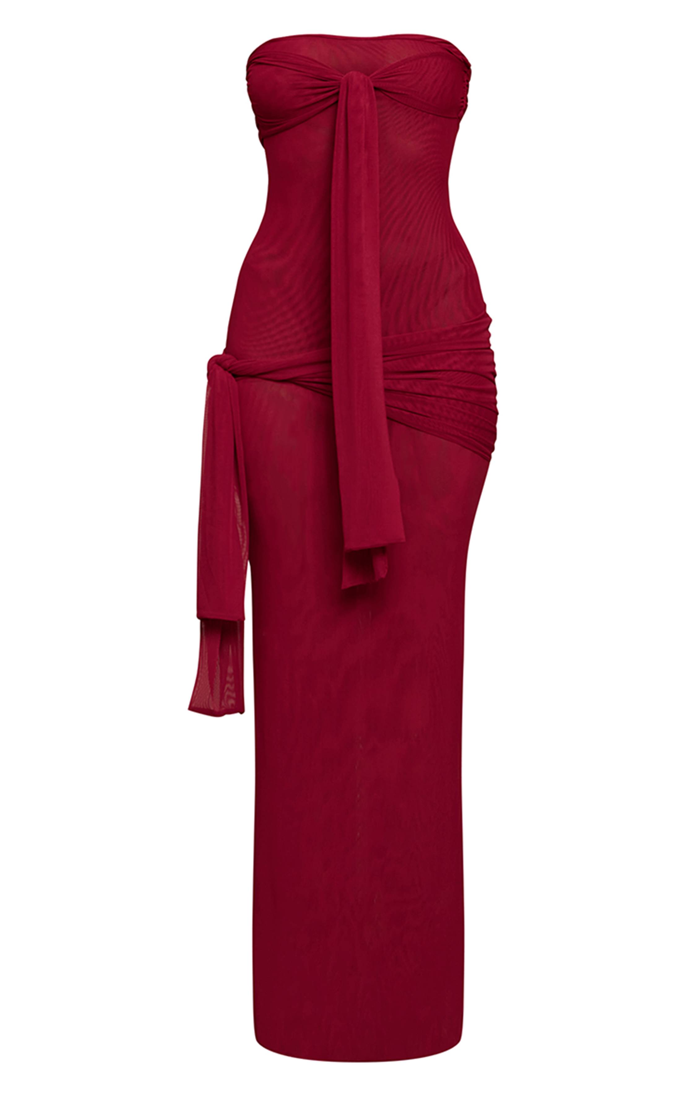 Rouge Vin Robe Longue Moulante En Mesh À Bandeau Avec Nœud