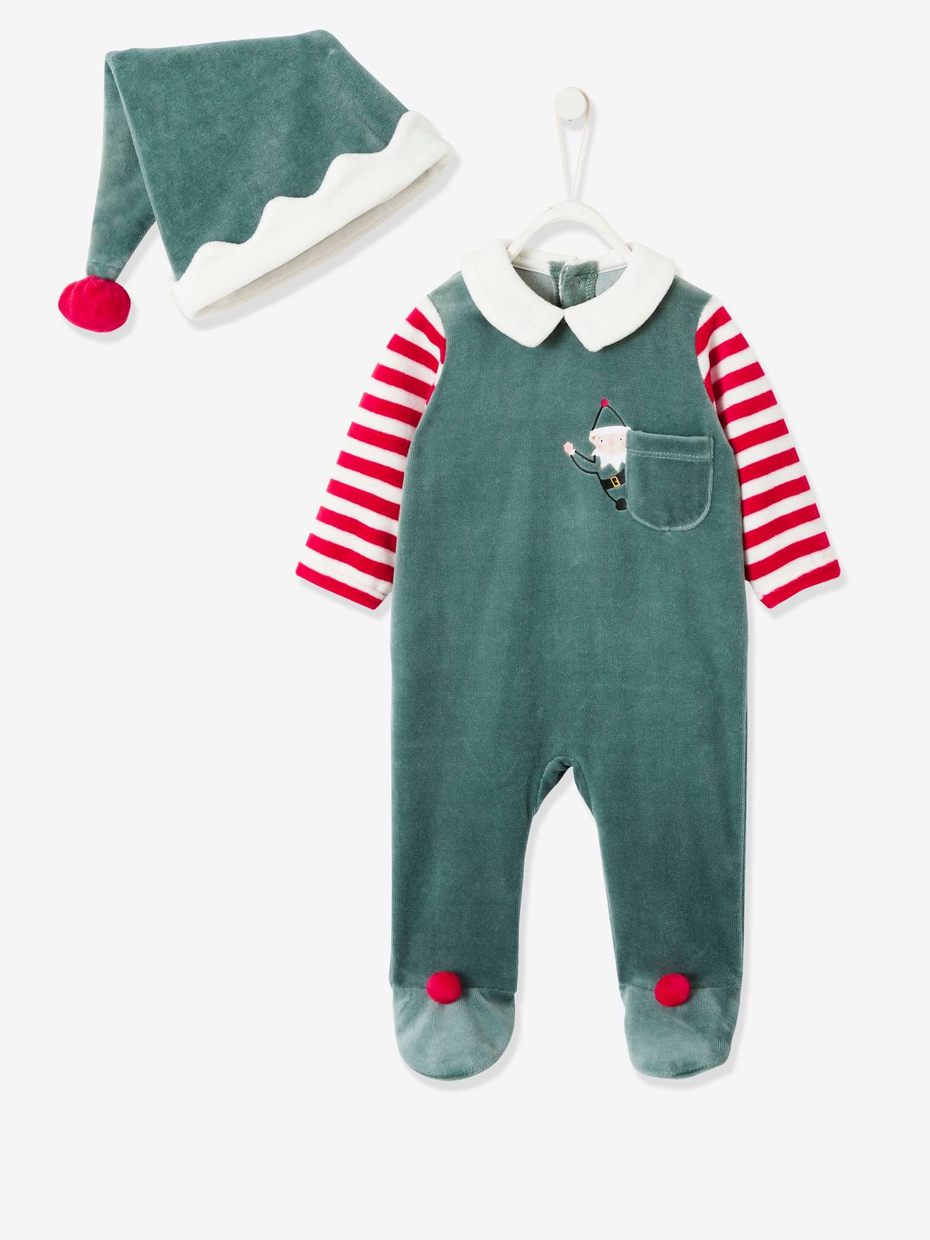 Conjunto de pijama de Natal unissex para bebê + gorro verde liso tamanho médio com estampas