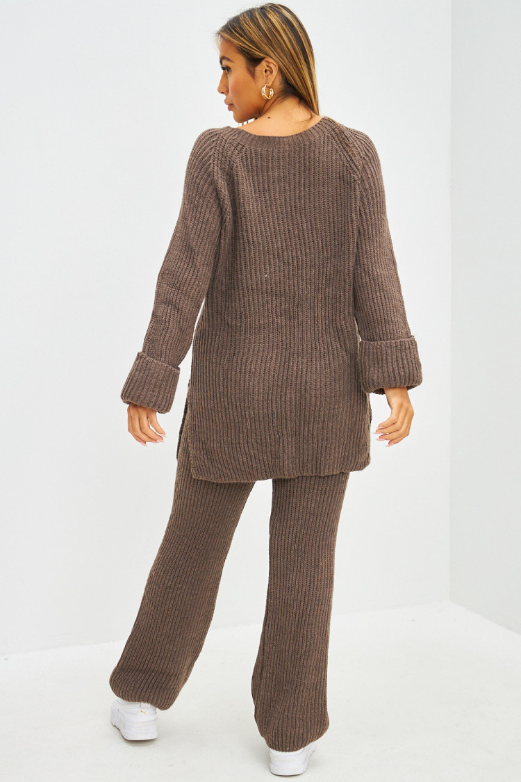 Ensemble 2 pièces pull long + pantalon en grosses mailles taupe