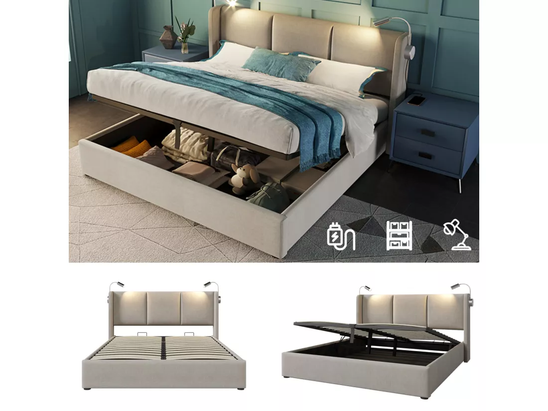 Lit hydraulique avec lampe de lecture - 140x200 cm - charge USB et grand rangement - Lin - Beige