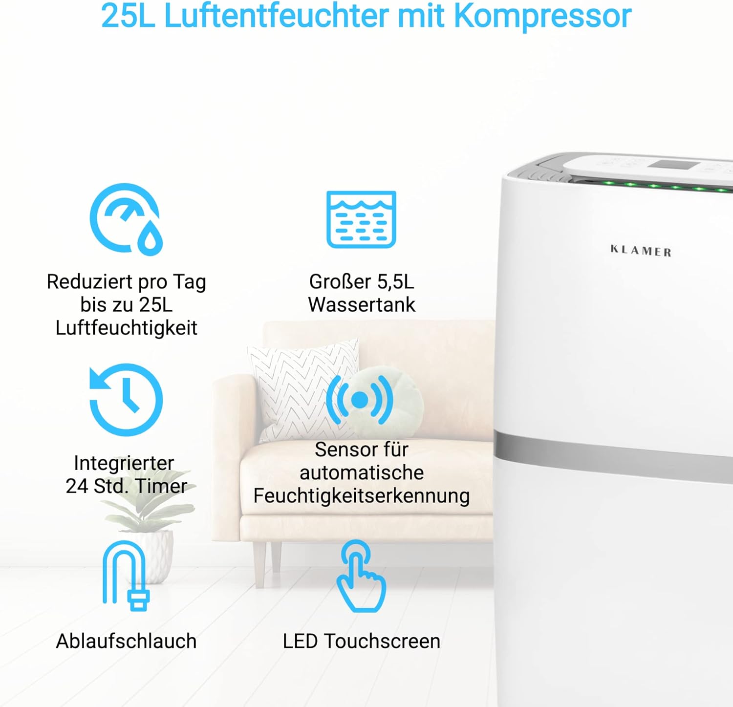 KLAMER Luftentfeuchter elektrisch 25L in 24h mit 5,5L Tank – Leiser, energieeffizienter Raumentfeuchter mit Smart Sensor, Timer & Wäschemodus – Bei Schimmel, Feuchtigkeit & Kondenswasser