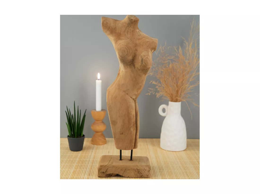 SCULPTURE torse 57 cm, bois de teck sur socle couleurs naturelles