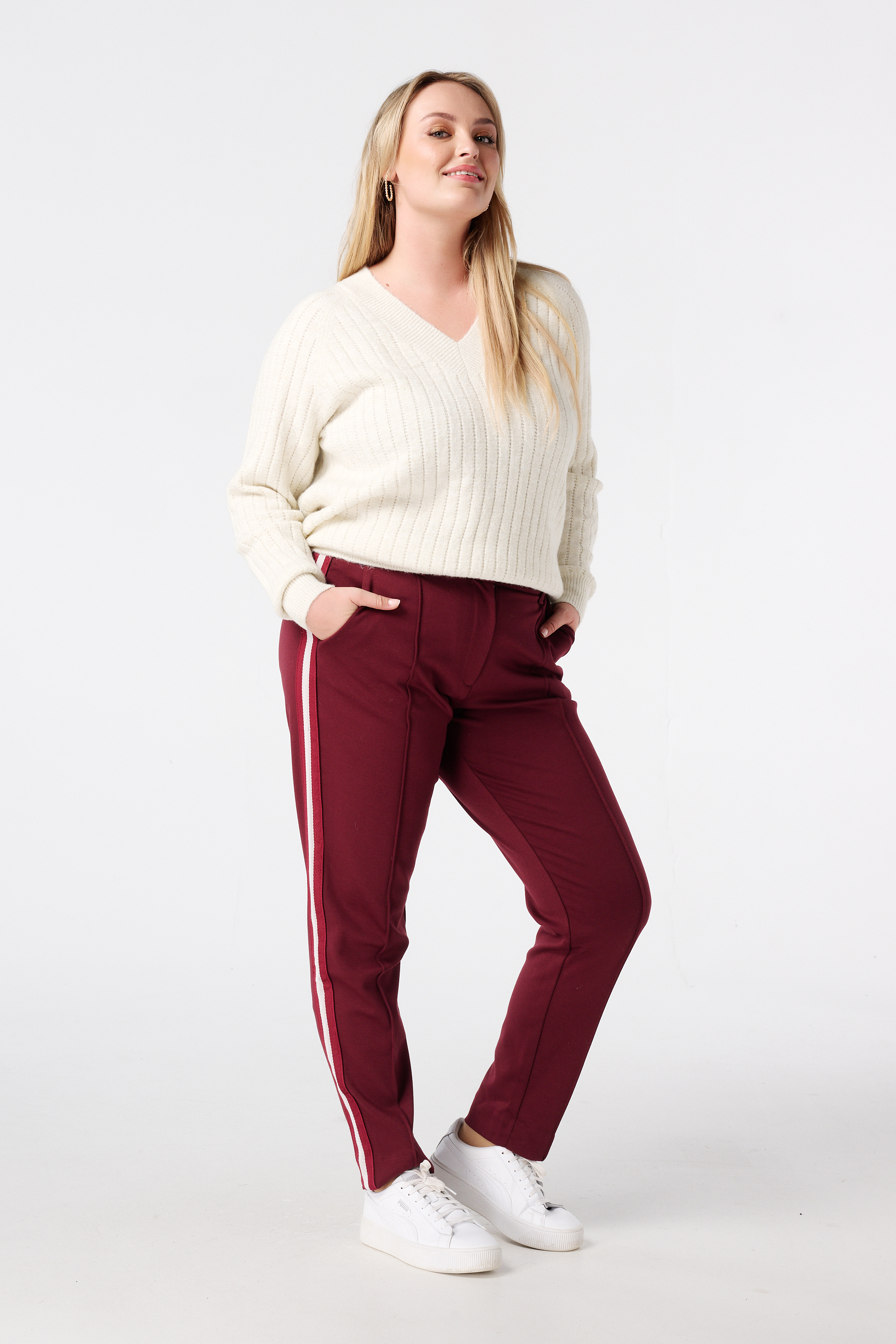 Tapered pantalon met bies aan de zijkant Donker rood