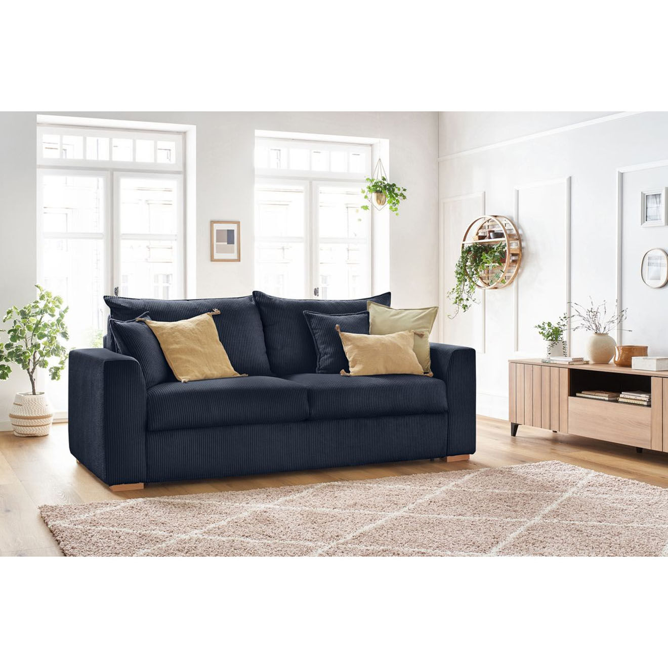 Bobochic Canapé droit convertible express en Velours côtelé 3 places Augustin bleu foncé - 205x96x97 cm